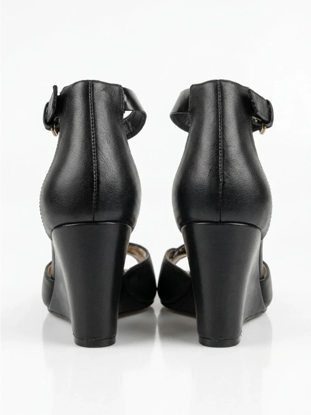 Vaneli Black Leather Open-Toe Block Heels with Gold Accent - Picture 3 of 6